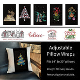 Collage of Christmas-themed adjustable pillow covers with decorative designs and text.